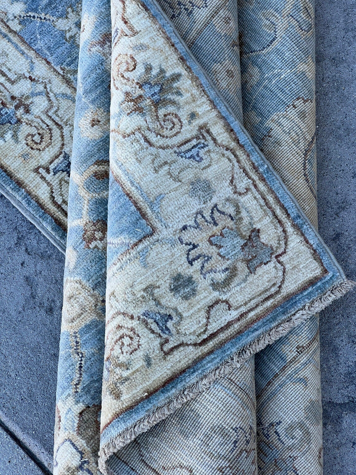 3x12 (90x365) Handmade Afghan Rug Runner | Beige Sky Blue Denim Blue Golden Brown Grey | Tribal Oriental Boho Wool Hand Knotted