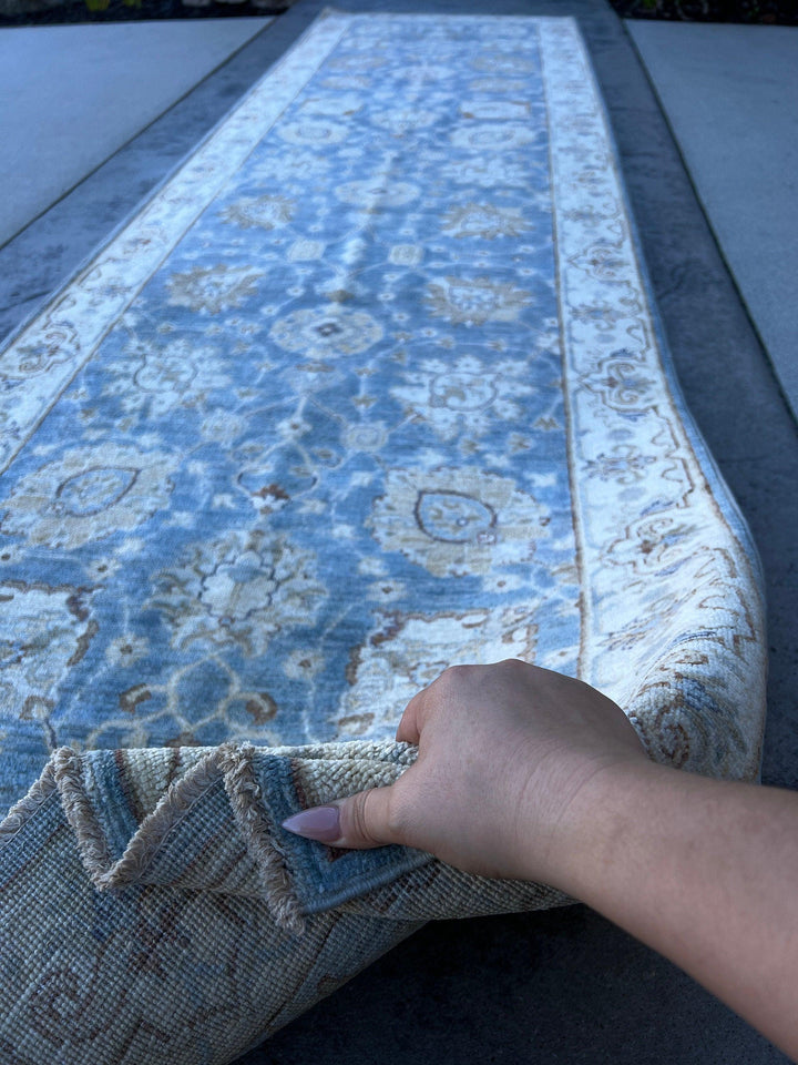 3x12 (90x365) Handmade Afghan Rug Runner | Beige Sky Blue Denim Blue Golden Brown Grey | Tribal Oriental Boho Wool Hand Knotted