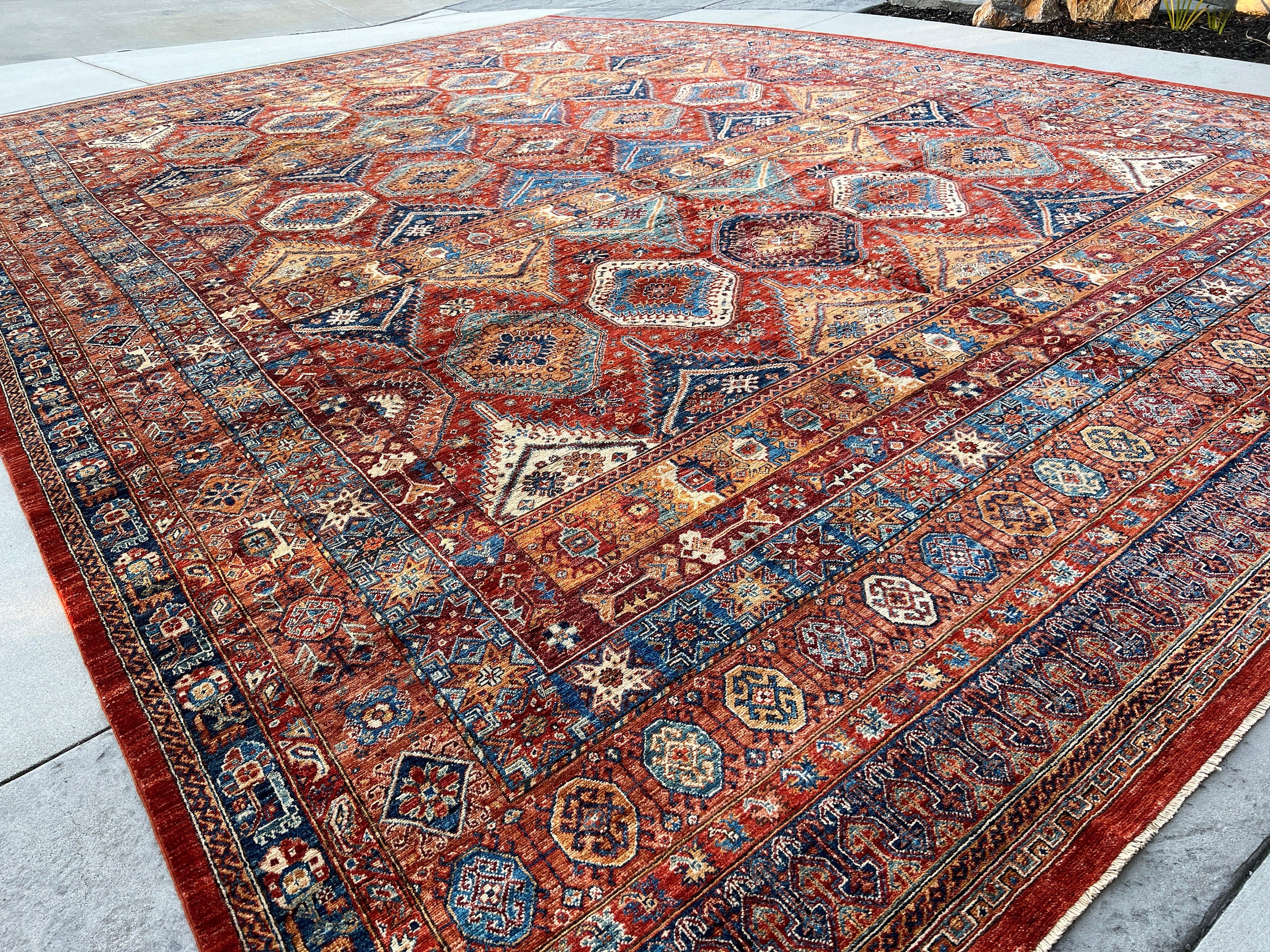 13x19 (400x580) Handmade Afghan Rug | Golden Brown Caramel Blue Orange Turqoise Teal Green Burnt Orange | Heriz Turkish Persian Oriental