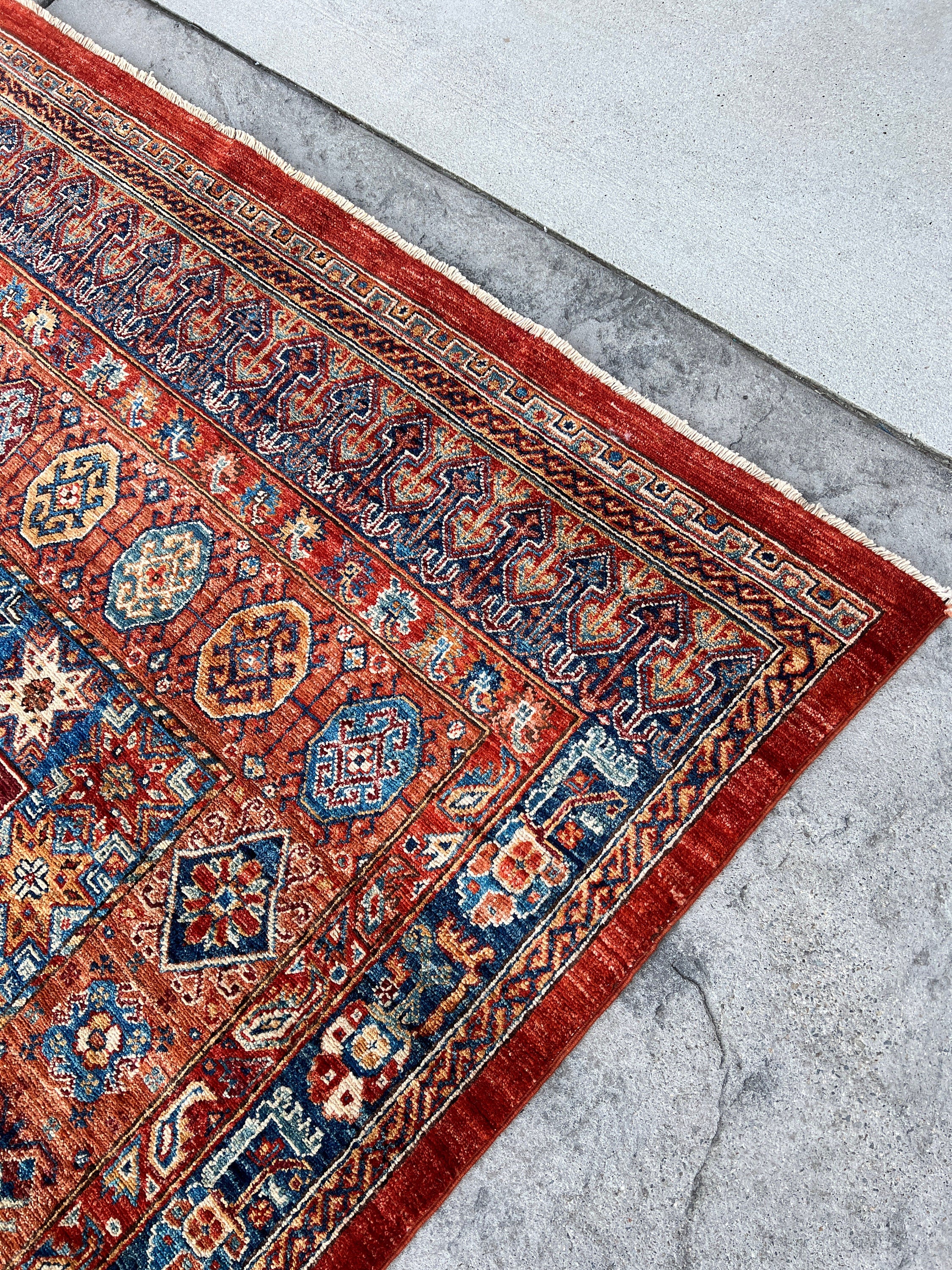 13x19 (400x580) Handmade Afghan Rug | Golden Brown Caramel Blue Orange Turqoise Teal Green Burnt Orange | Heriz Turkish Persian Oriental