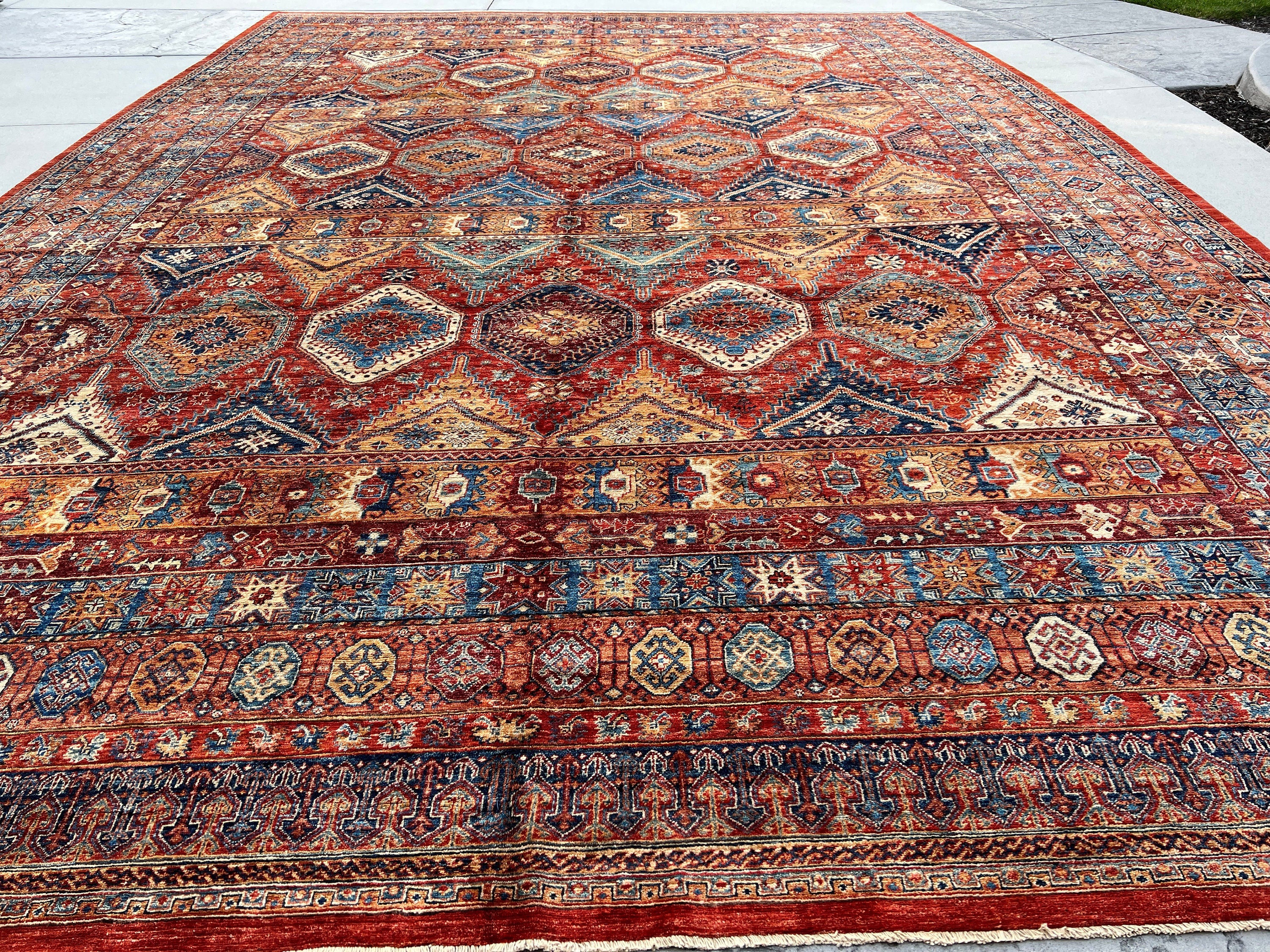 13x19 (400x580) Handmade Afghan Rug | Golden Brown Caramel Blue Orange Turqoise Teal Green Burnt Orange | Heriz Turkish Persian Oriental