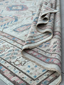9x12 (275x365) Handmade Afghan Rug | Ivory Beige Pink Blue Black Green Grey | Turkish Oushak Persian Heriz Wool Boho Hand Knotted Serapi