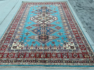 7x10 (215x305) Handmade Afghan Rug | Turquoise Ivory Red Blue Sage Green Caramel | Hand Knotted Turkish Moroccan Oriental Persian Oushak
