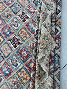 9x12 (275x365) Handmade Afghan Rug | Gray Grey Blue Red Golden Yellow Ivory Maroon | Turkish Oushak Persian Heriz Wool Boho Knotted Serapi