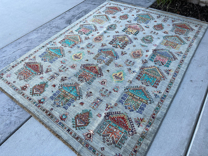 6x8 (180x245) Handmade Afghan Rug | Light Grey Purple Turquoise Blue Brown Orange Green Yellow Peach | Turkish Oushak Persian Heriz Boho