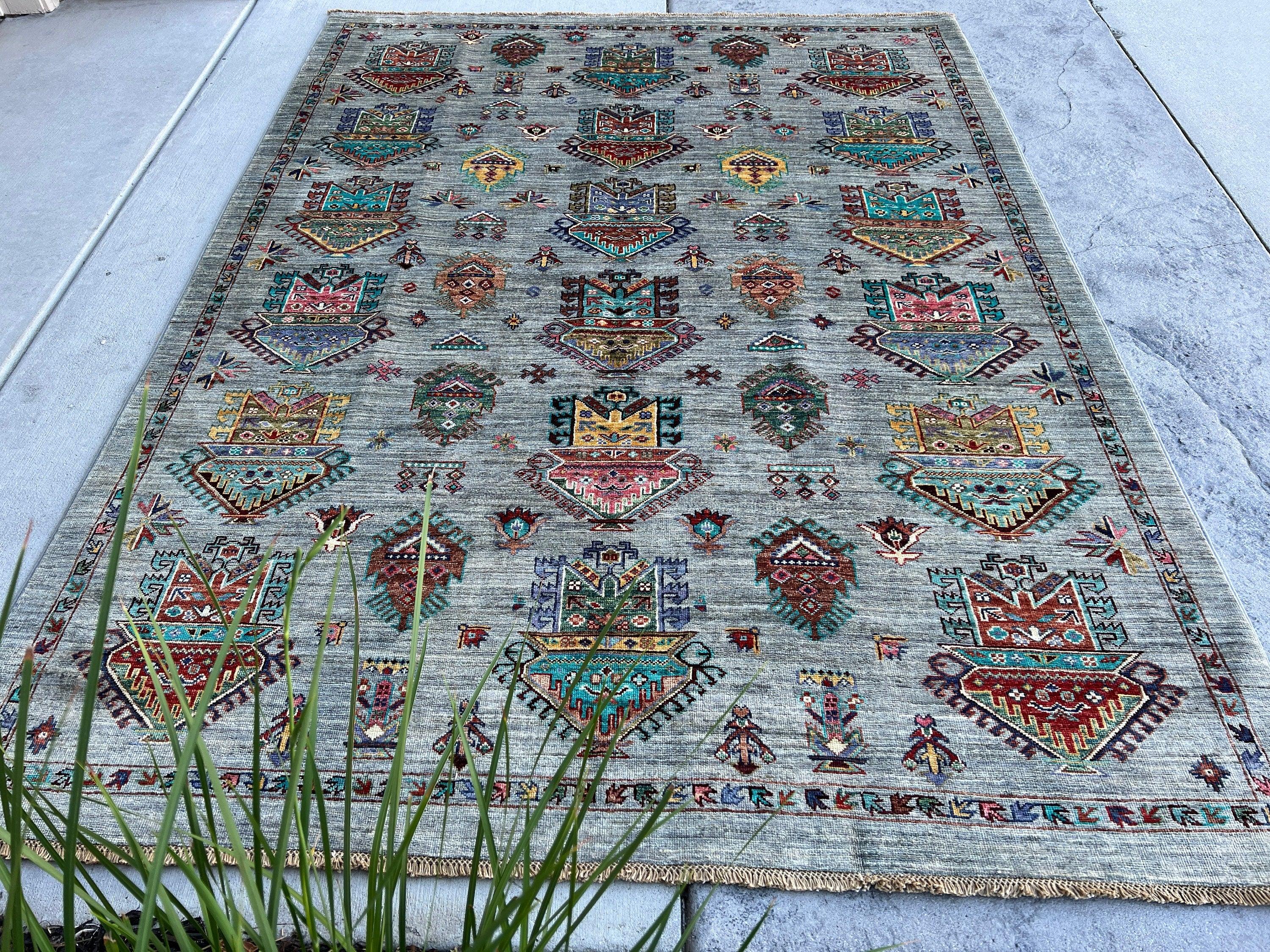 6x8 (180x245) Handmade Afghan Rug | Light Grey Purple Turquoise Blue Brown Orange Green Yellow Peach | Turkish Oushak Persian Heriz Boho