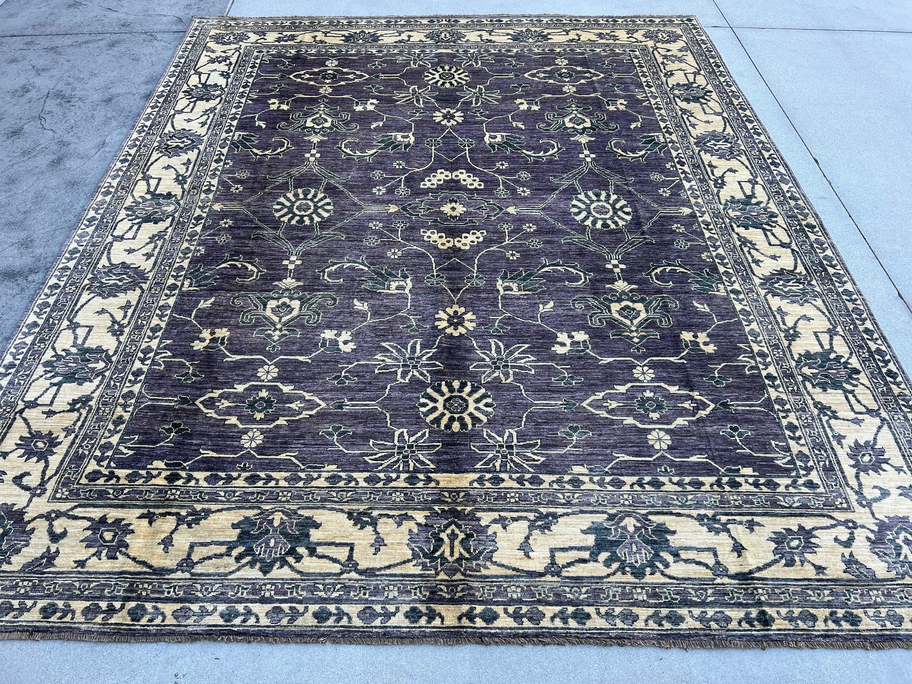 8x10 (245x305) Handmade Afghan Rug | Beige Purple Blue | Turkish Oushak Persian Heriz Serapi Moroccan Tribal