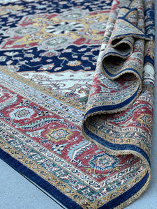 8x12 (245x365) Handmade Afghan Rug | Navy Blue Red Ivory Cream Mustard Yellow Green Sky Blue | Turkish Oushak Persian Heriz Wool Boho Serapi