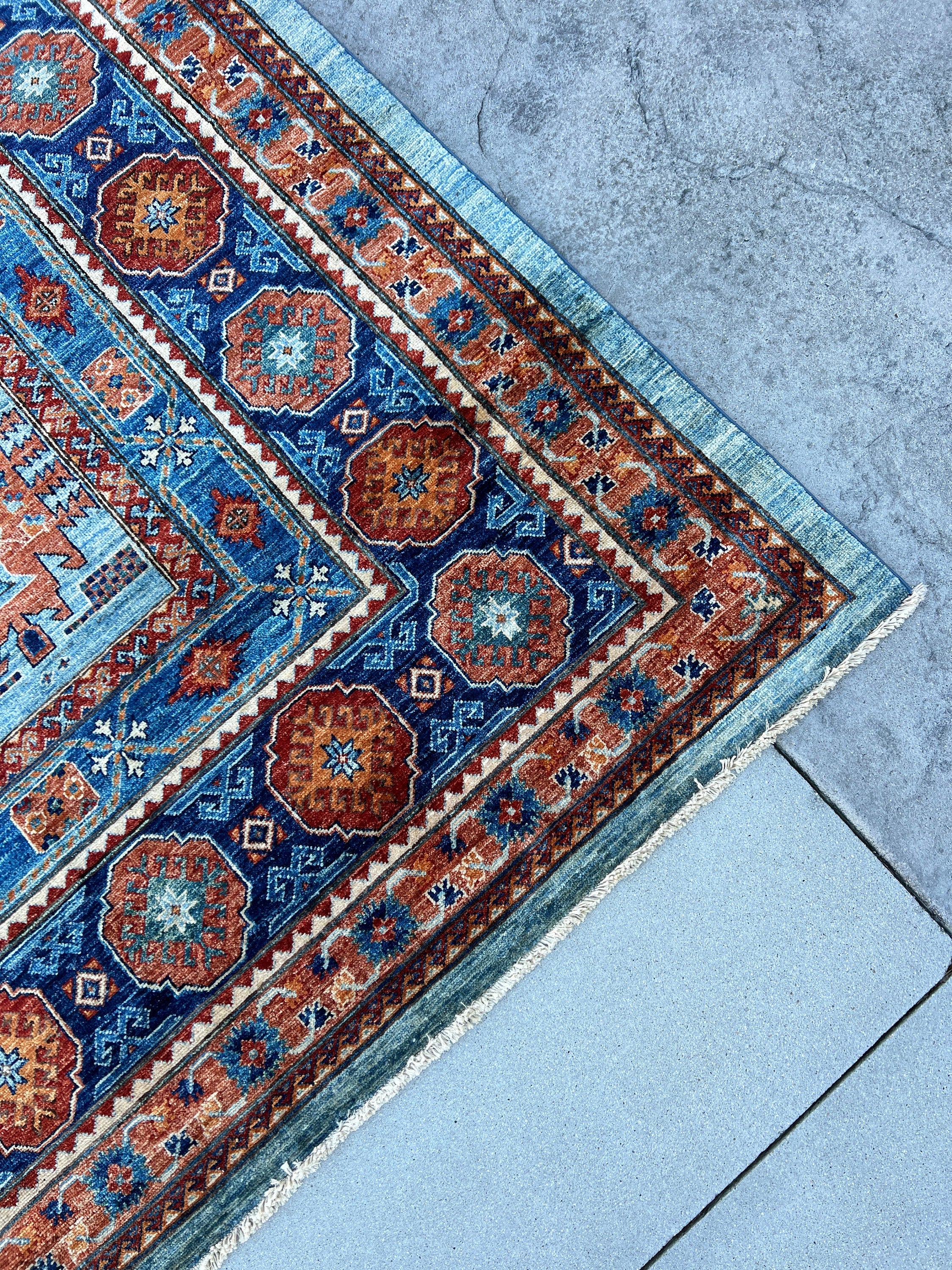 12x18 (365x550) Handmade Afghan Rug | Royal Blue Sky Blue Orange Burnt Orange White Teal | Wool Heriz Turkish Persian Oriental Tribal