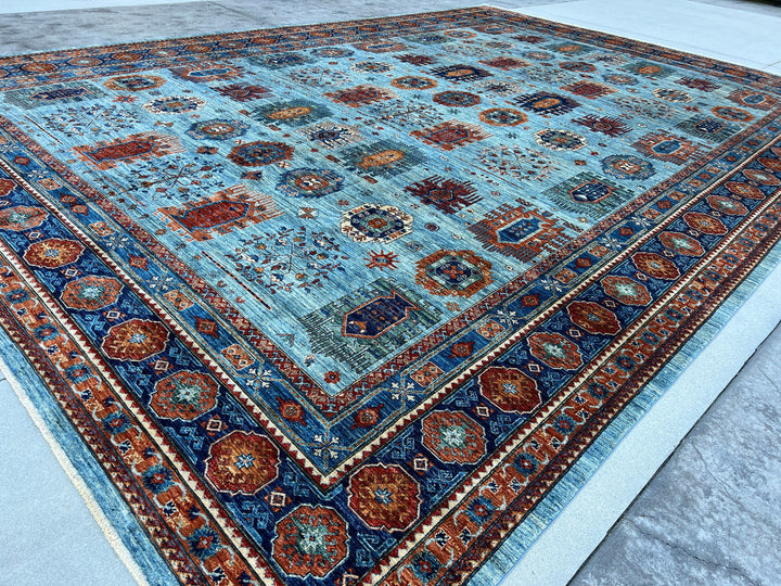 12x18 (365x550) Handmade Afghan Rug | Royal Blue Sky Blue Orange Burnt Orange White Teal | Wool Heriz Turkish Persian Oriental Tribal