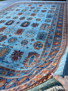 12x18 (365x550) Handmade Afghan Rug | Royal Blue Sky Blue Orange Burnt Orange White Teal | Wool Heriz Turkish Persian Oriental Tribal
