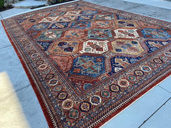 12x18 (365x550) Handmade Afghan Rug | Burnt Orange Caramel Teal Beige Cream Golden Brown Royal Blue | Wool Heriz Turkish Persian Oriental