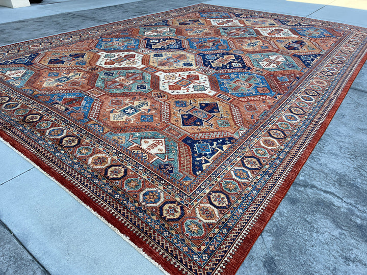 12x18 (365x550) Handmade Afghan Rug | Burnt Orange Caramel Teal Beige Cream Golden Brown Royal Blue | Wool Heriz Turkish Persian Oriental