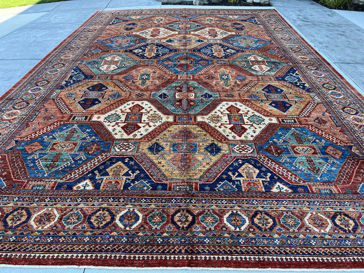 12x18 (365x550) Handmade Afghan Rug | Burnt Orange Caramel Teal Beige Cream Golden Brown Royal Blue | Wool Heriz Turkish Persian Oriental