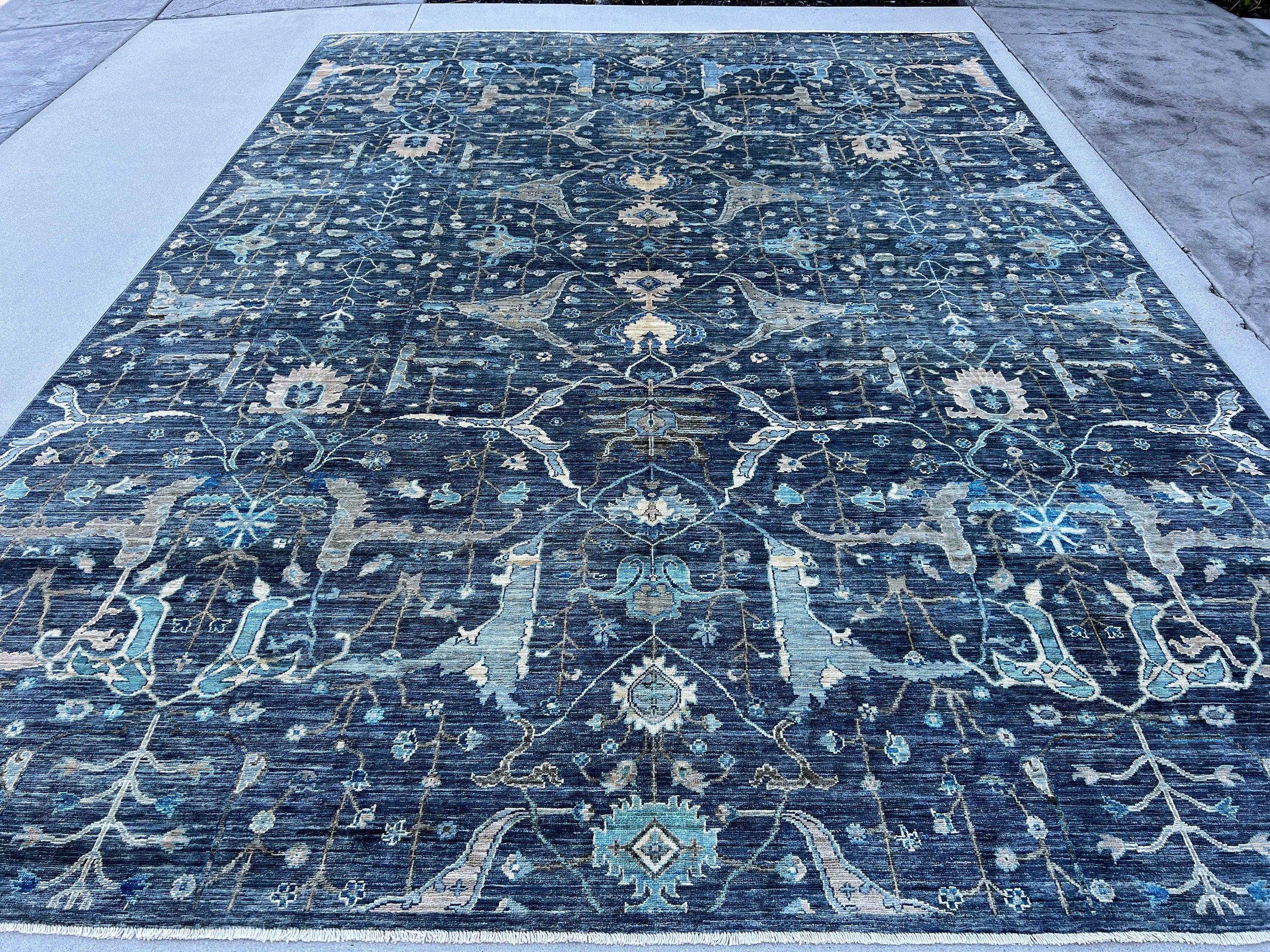 9x12 (275x365) Handmade Afghan Rug | Blue-Grey Teal Beige Ivory Sage Green | Hand Knotted Oushak Persian Wool Boho Knotted