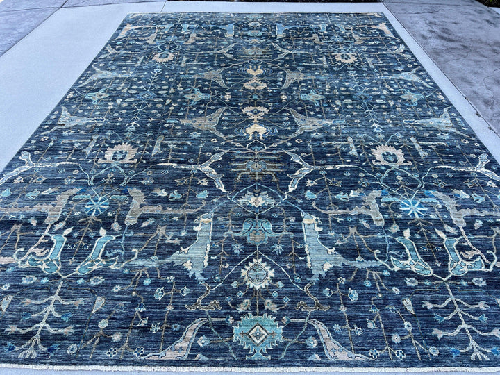 9x12 (275x365) Handmade Afghan Rug | Blue-Grey Teal Beige Ivory Sage Green | Hand Knotted Oushak Persian Wool Boho Knotted