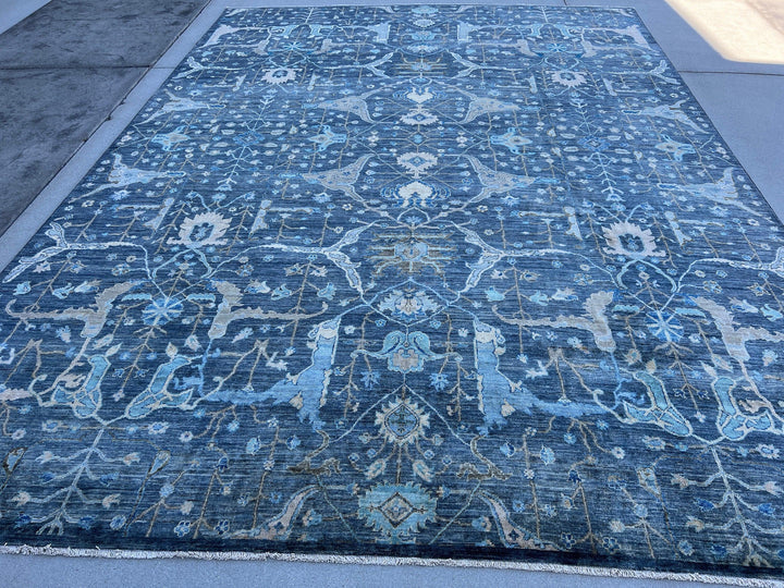 9x12 (275x365) Handmade Afghan Rug | Blue-Grey Teal Beige Ivory Sage Green | Hand Knotted Oushak Persian Wool Boho Knotted