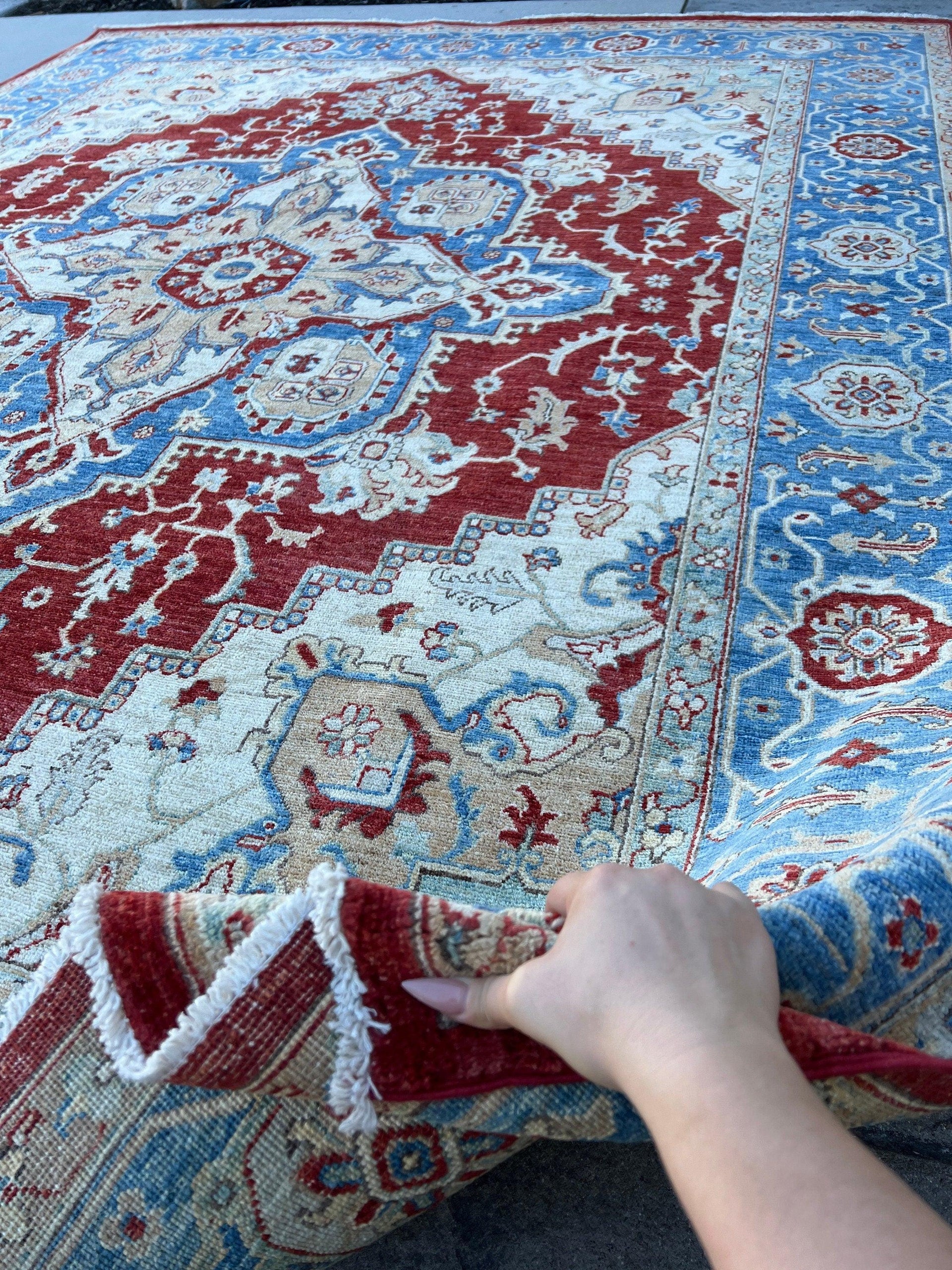 8x11 (245x335) Handmade Afghan Rug | Red Denim Blue Golden Brown White Teal | Hand Knotted Wool Turkish Oushak Persian Heriz Serapi Moroccan