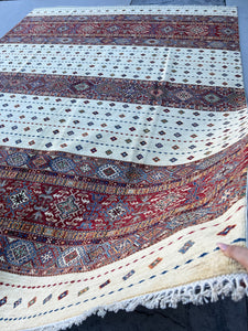9x12 (275x365) Handmade Afghan Rug | Beige Cream Red White Yellow Orange Blue Green | Turkish Oushak Persian Heriz Wool Boho Knotted Serapi