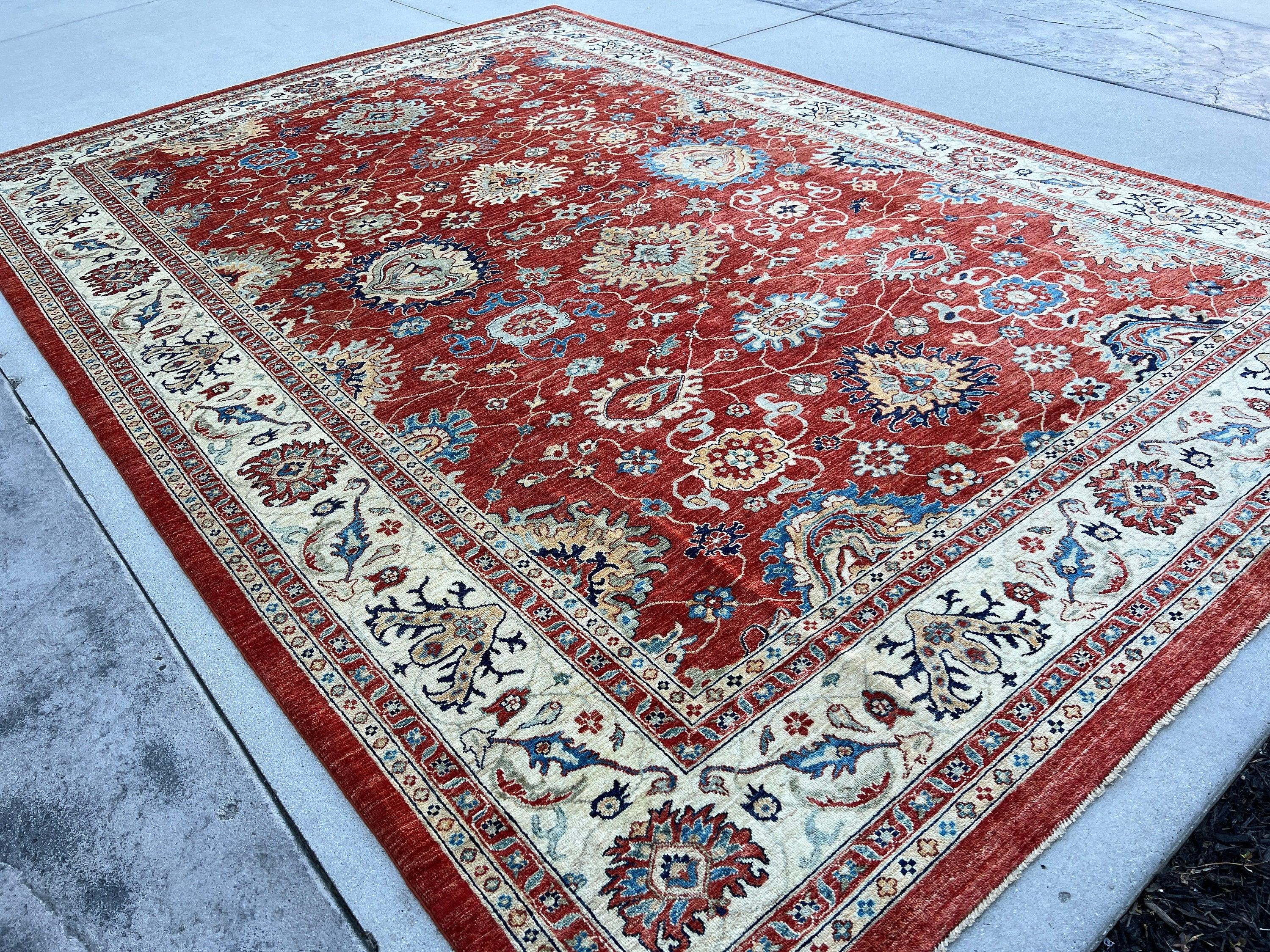 9x13 (275x395) Handmade Afghan Rug | Burnt Orange Beige Cream Blue Teal  Light Brown | Turkish Oushak Persian Heriz Wool Boho Hand Knotted