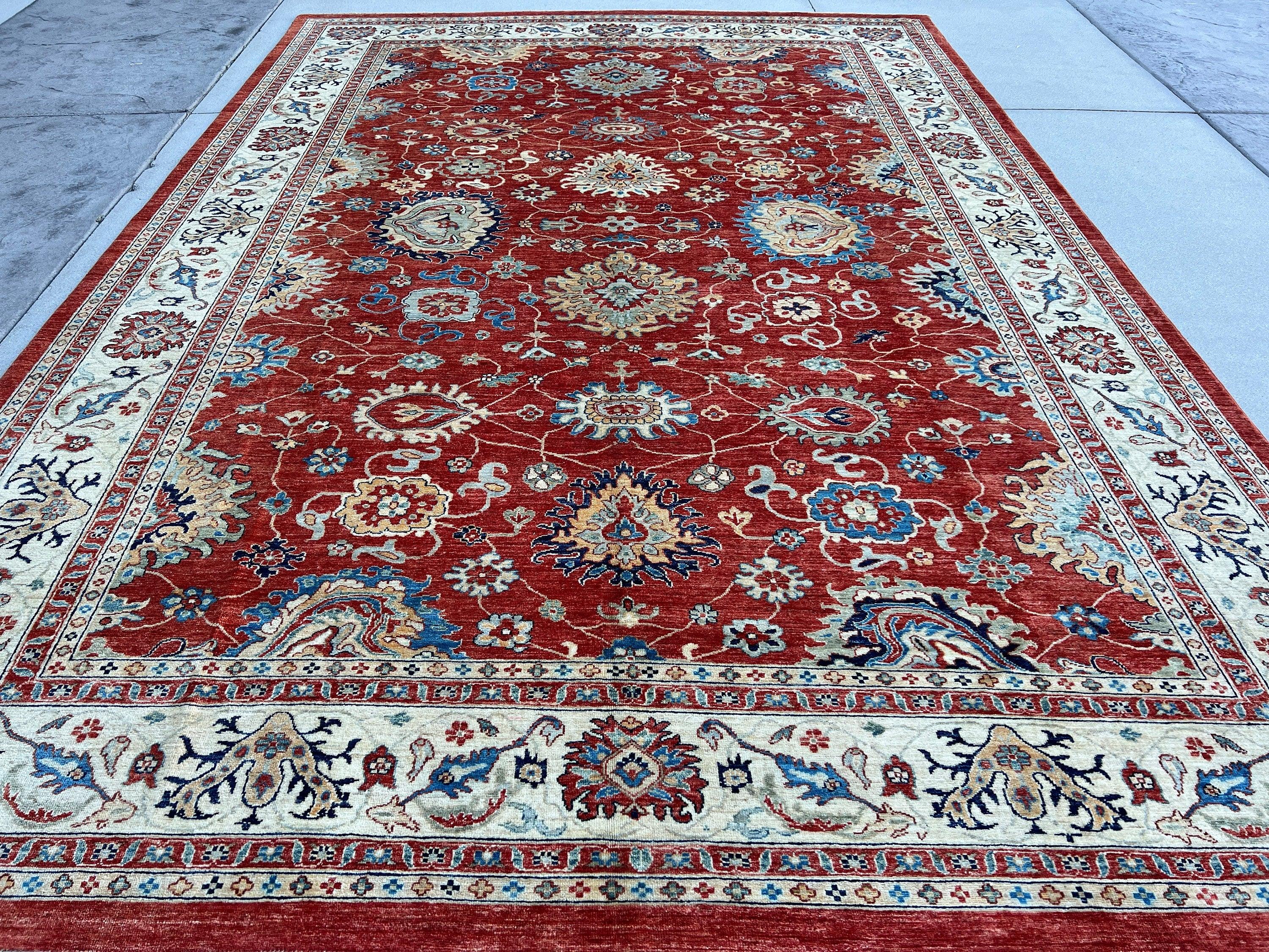 9x13 (275x395) Handmade Afghan Rug | Burnt Orange Beige Cream Blue Teal  Light Brown | Turkish Oushak Persian Heriz Wool Boho Hand Knotted