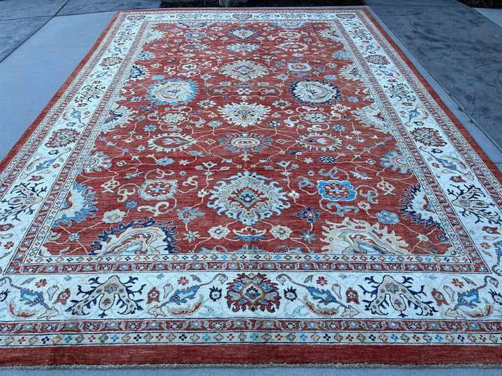 9x13 (275x395) Handmade Afghan Rug | Burnt Orange Beige Cream Blue Teal  Light Brown | Turkish Oushak Persian Heriz Wool Boho Hand Knotted