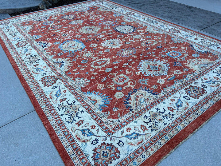 9x13 (275x395) Handmade Afghan Rug | Burnt Orange Beige Cream Blue Teal  Light Brown | Turkish Oushak Persian Heriz Wool Boho Hand Knotted