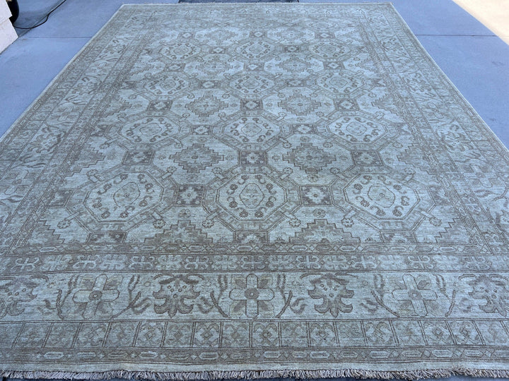 9x12 (275x365) Handmade Afghan Rug | Muted Neutral Brown Gold Grey Gray Ivory | Turkish Knotted Oushak Persian Heriz Boho Knotted Serapi