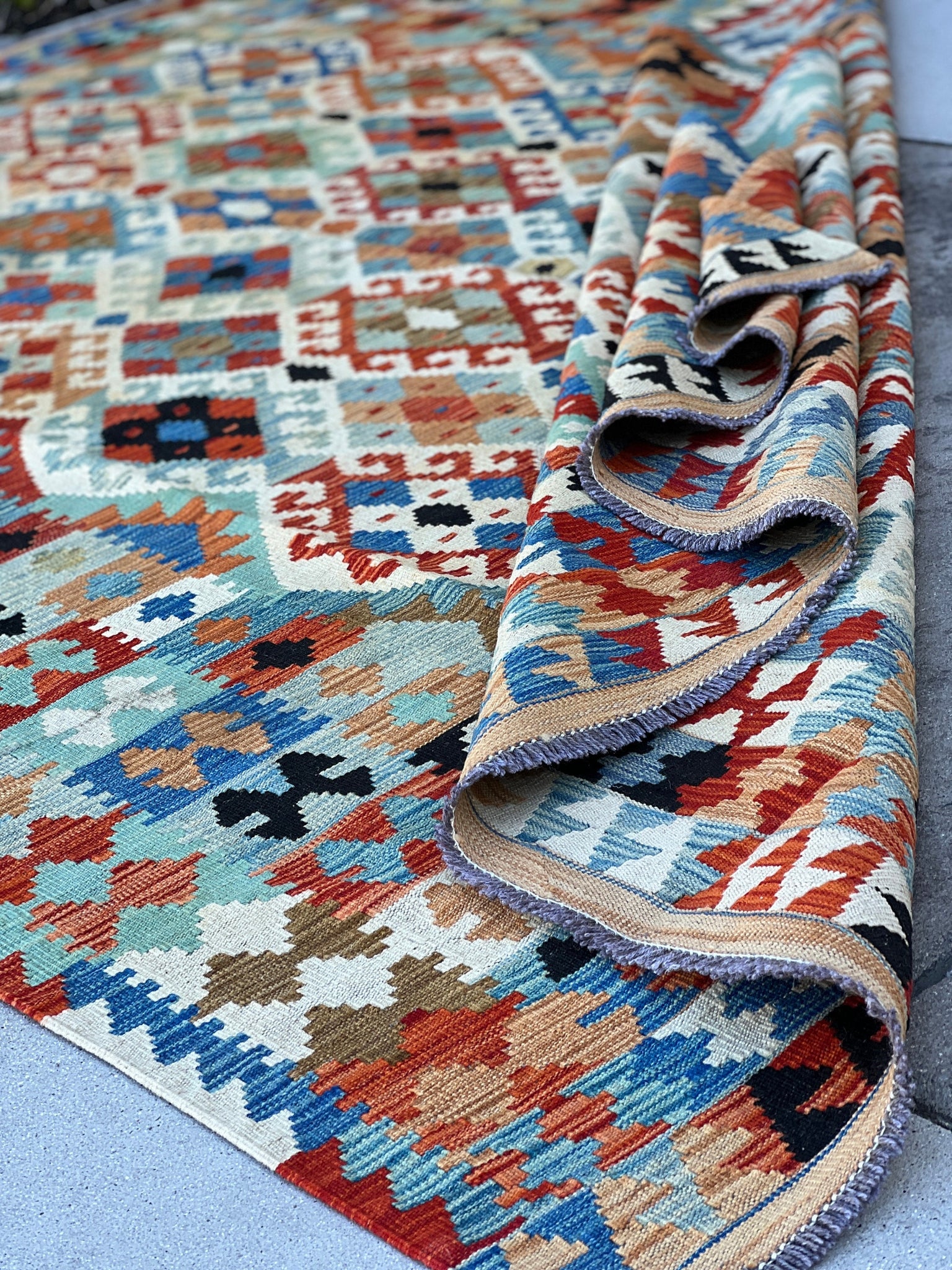 7x10 (215x305) Handmade Afghan Kilim Rug | Copper Brown Blue Teal Black White Orange | Wool Tribal Turkish Moroccan Oriental Persian Oushak