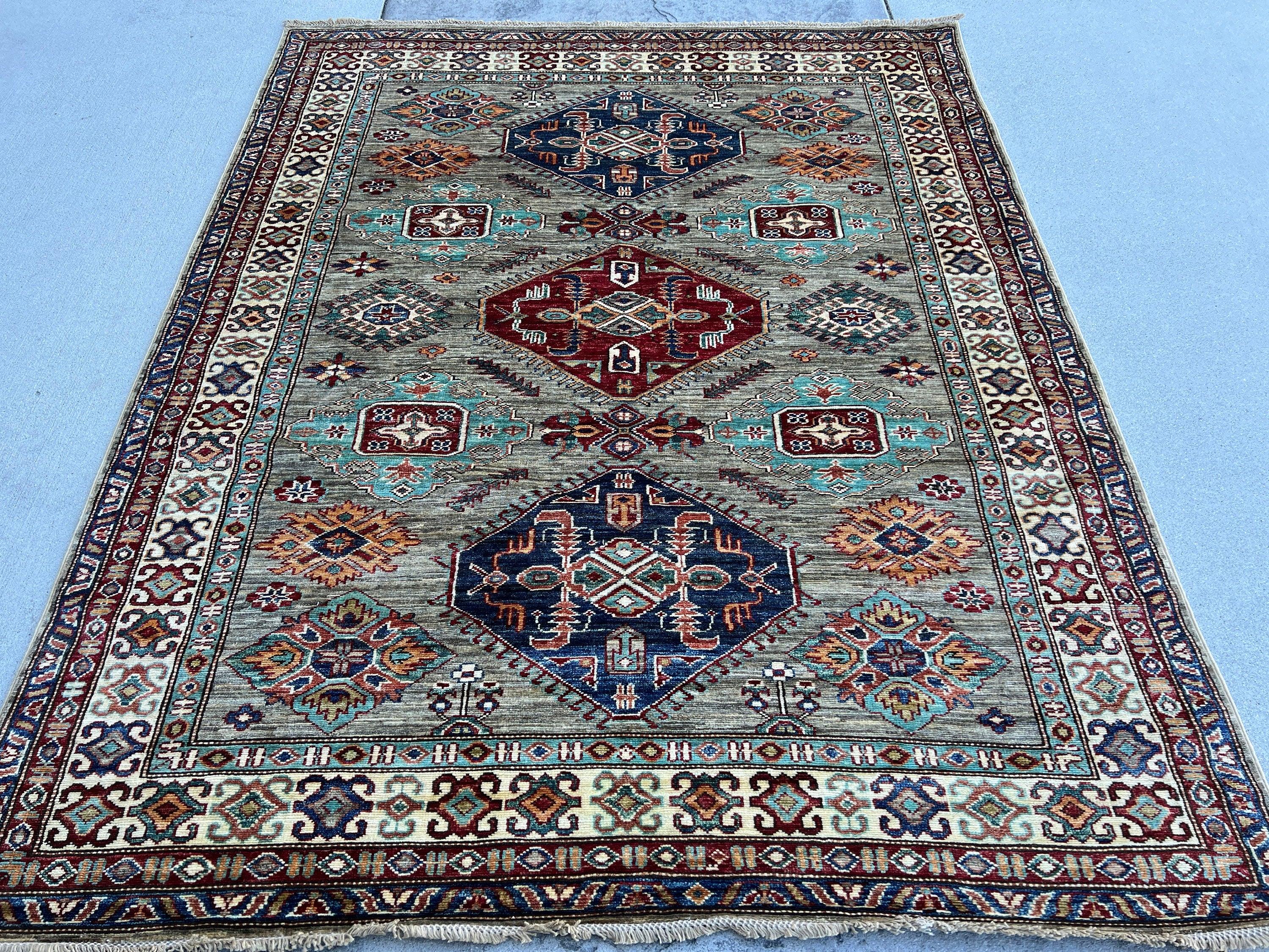 5x7 (150x215) Handmade Afghan Rug | Brick Red Light Grey Beige Ivory Cream Sky Blue Denim Blue Orange Green | Turkish Oushak Boho Tribal