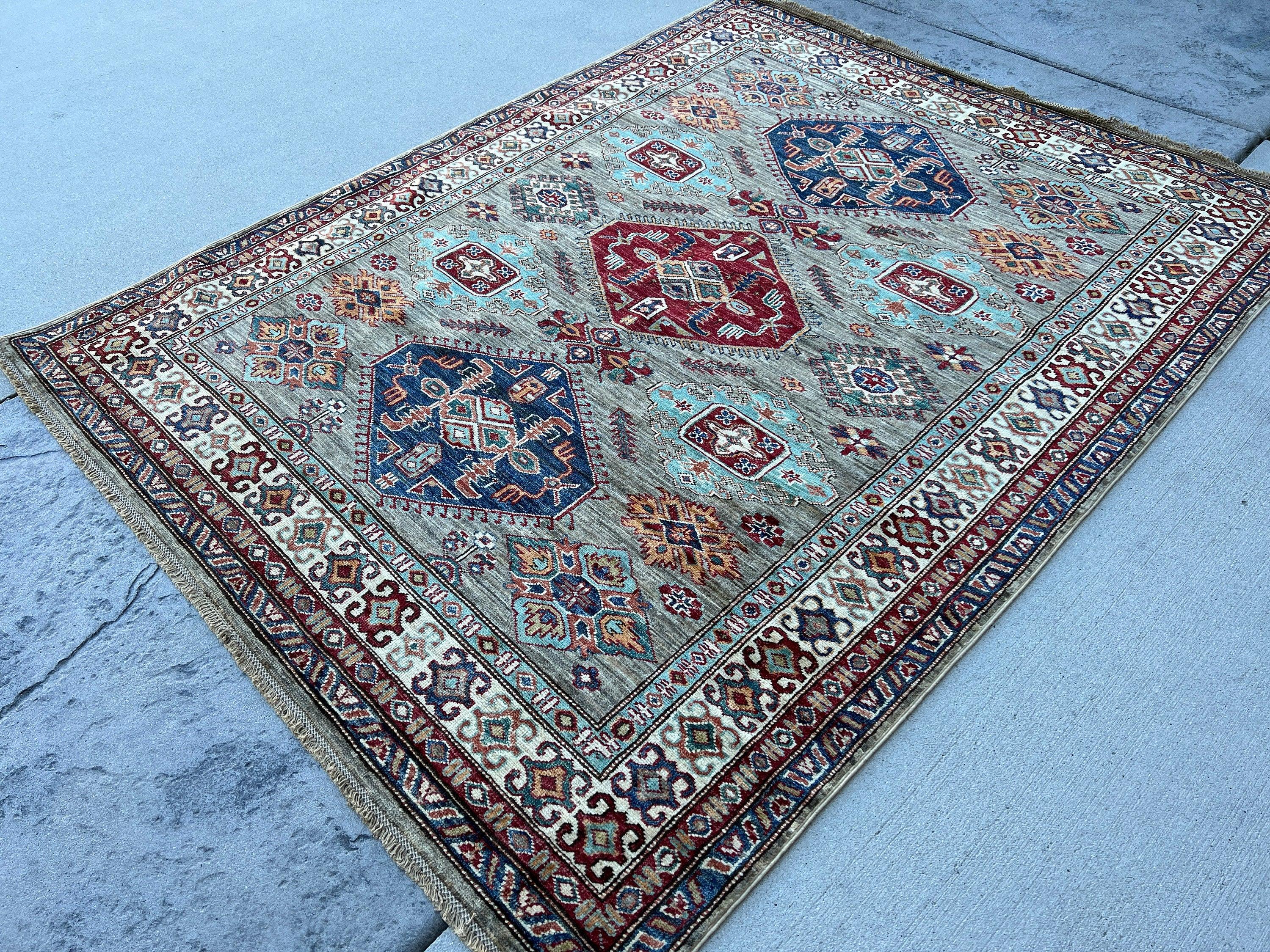 5x7 (150x215) Handmade Afghan Rug | Brick Red Light Grey Beige Ivory Cream Sky Blue Denim Blue Orange Green | Turkish Oushak Boho Tribal