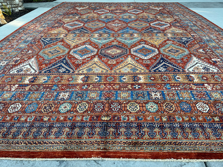 13x19 (400x580) Handmade Afghan Rug | Golden Brown Caramel Blue Orange Turqoise Teal Green Burnt Orange | Heriz Turkish Persian Oriental