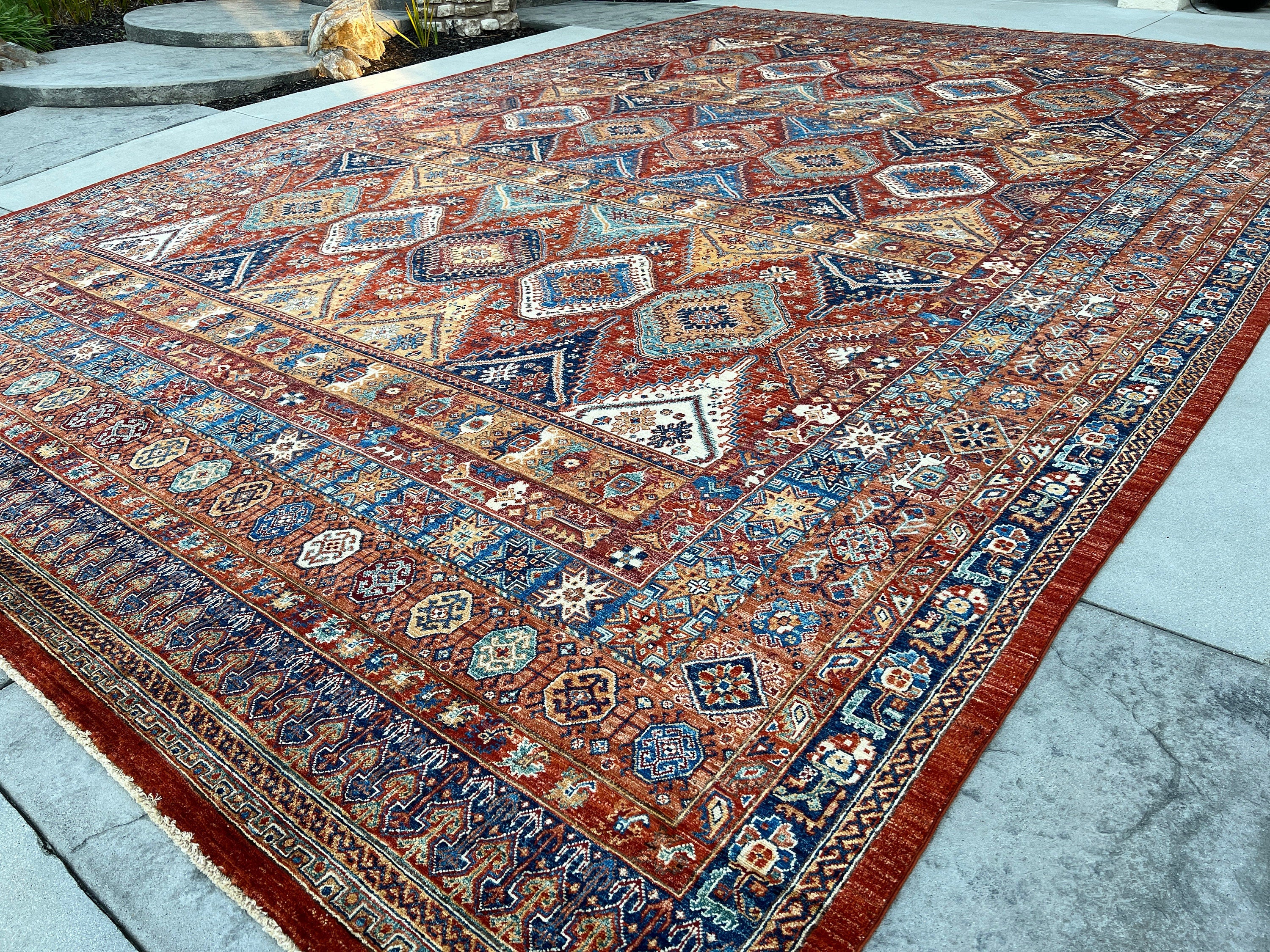 13x19 (400x580) Handmade Afghan Rug | Golden Brown Caramel Blue Orange Turqoise Teal Green Burnt Orange | Heriz Turkish Persian Oriental