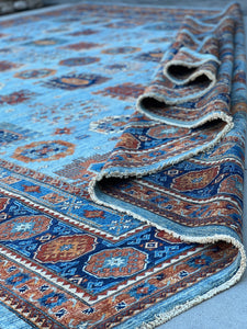12x18 (365x550) Handmade Afghan Rug | Royal Blue Sky Blue Orange Burnt Orange White Teal | Wool Heriz Turkish Persian Oriental Tribal