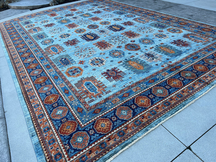 12x18 (365x550) Handmade Afghan Rug | Royal Blue Sky Blue Orange Burnt Orange White Teal | Wool Heriz Turkish Persian Oriental Tribal