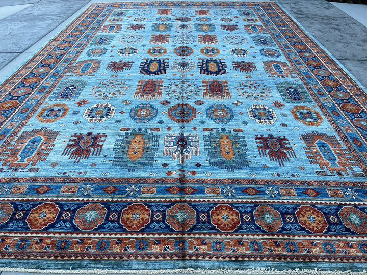 12x18 (365x550) Handmade Afghan Rug | Royal Blue Sky Blue Orange Burnt Orange White Teal | Wool Heriz Turkish Persian Oriental Tribal