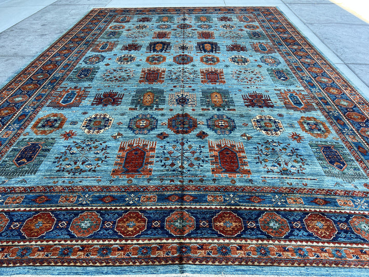 12x18 (365x550) Handmade Afghan Rug | Royal Blue Sky Blue Orange Burnt Orange White Teal | Wool Heriz Turkish Persian Oriental Tribal