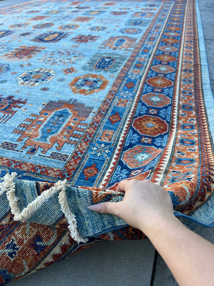 12x18 (365x550) Handmade Afghan Rug | Royal Blue Sky Blue Orange Burnt Orange White Teal | Wool Heriz Turkish Persian Oriental Tribal