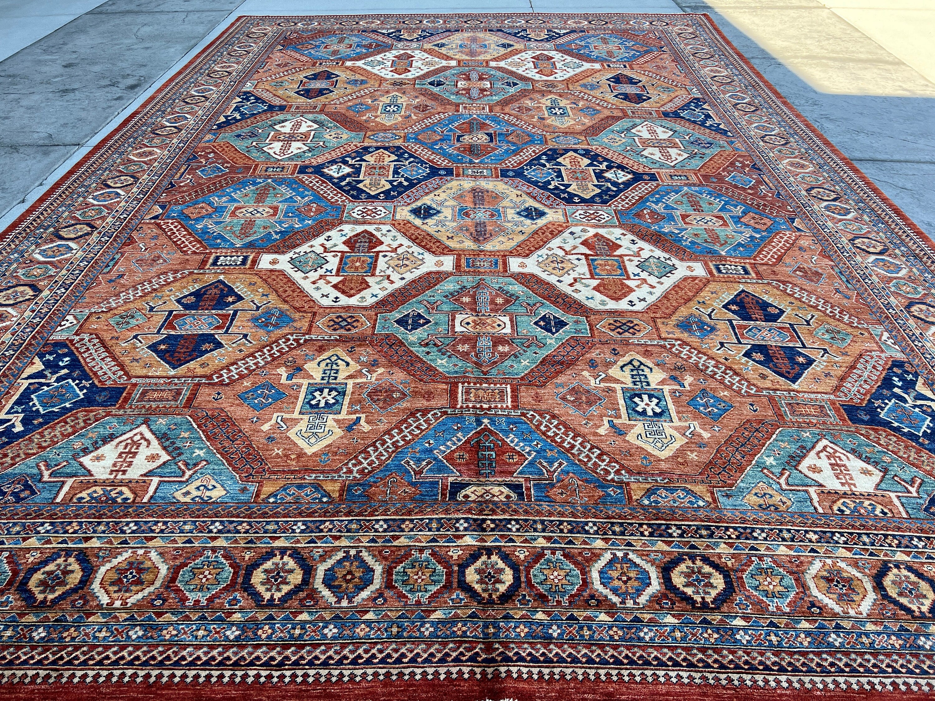 12x18 (365x550) Handmade Afghan Rug | Burnt Orange Caramel Teal Beige Cream Golden Brown Royal Blue | Wool Heriz Turkish Persian Oriental