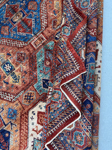12x18 (365x550) Handmade Afghan Rug | Burnt Orange Caramel Teal Beige Cream Golden Brown Royal Blue | Wool Heriz Turkish Persian Oriental