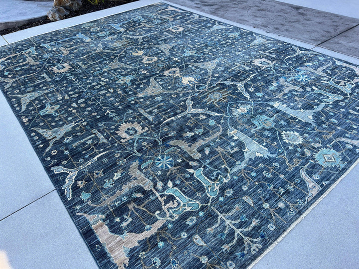 9x12 (275x365) Handmade Afghan Rug | Blue-Grey Teal Beige Ivory Sage Green | Hand Knotted Oushak Persian Wool Boho Knotted