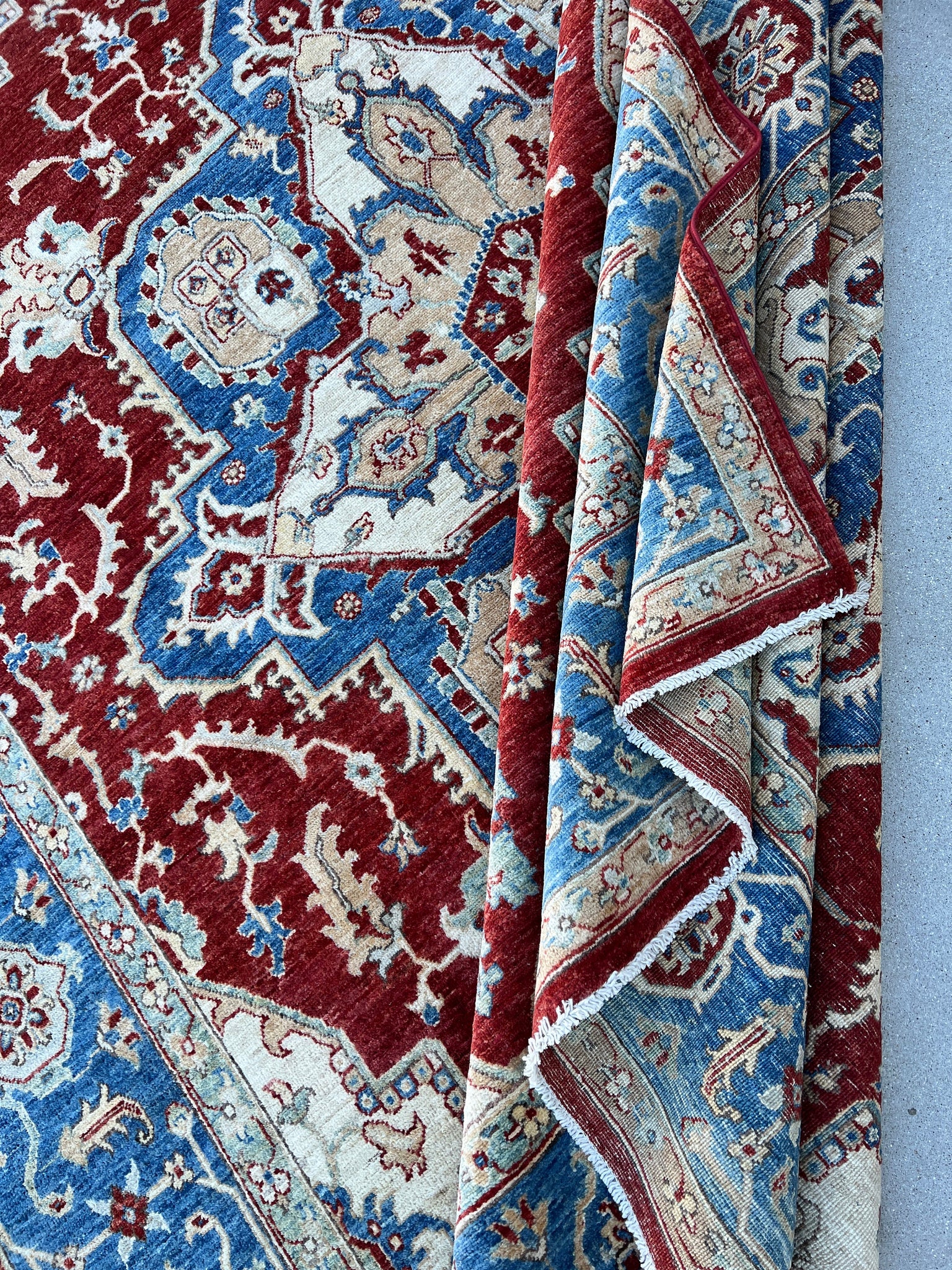 8x11 (245x335) Handmade Afghan Rug | Red Denim Blue Golden Brown White Teal | Hand Knotted Wool Turkish Oushak Persian Heriz Serapi Moroccan
