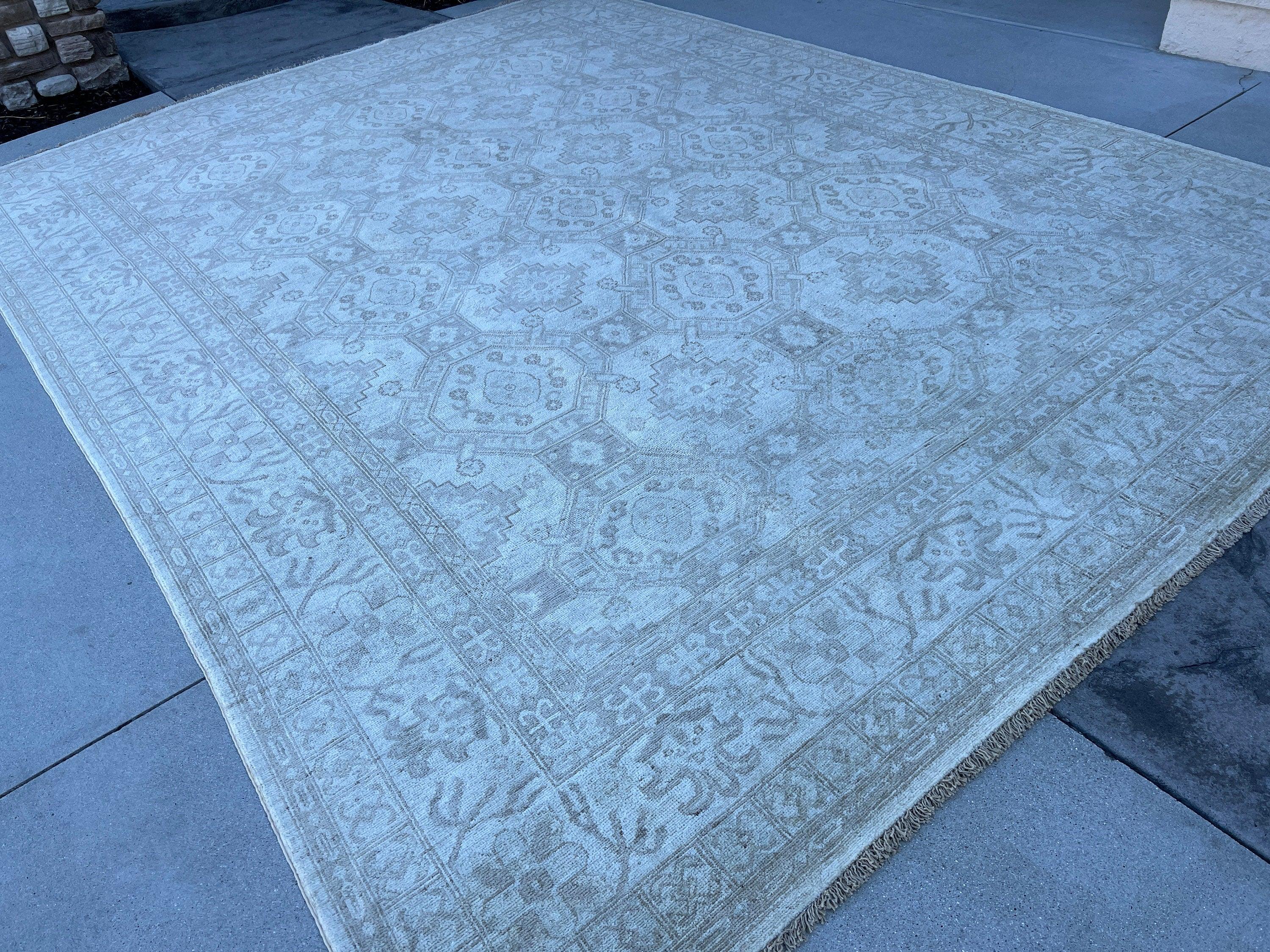 9x12 (275x365) Handmade Afghan Rug | Muted Neutral Brown Gold Grey Gray Ivory | Turkish Knotted Oushak Persian Heriz Boho Knotted Serapi