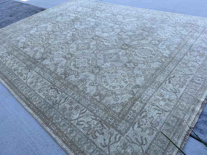 9x12 (275x365) Handmade Afghan Rug | Muted Neutral Brown Gold Grey Gray Ivory | Turkish Knotted Oushak Persian Heriz Boho Knotted Serapi