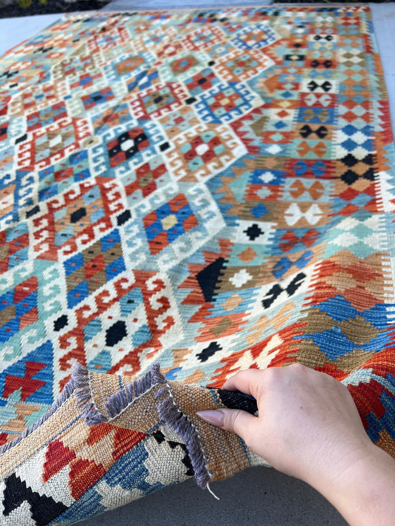 7x10 (215x305) Handmade Afghan Kilim Rug | Copper Brown Blue Teal Black White Orange | Wool Tribal Turkish Moroccan Oriental Persian Oushak