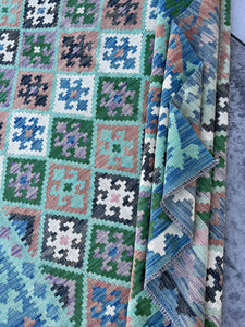 7x10 (215x305) Handmade Afghan Kilim Rug | Mint Green Purple Denim Blue Black Grey White Ivory Pink Red | Tribal Moroccan Turkish Outdoor