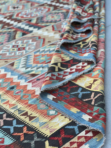 10x13 Handmade Afghan Kilim Rug | Salmon Pink Brown Burnt Orange Baby Powder Blue Brown Brick Red Ivory Turquoise  | Turkish Oushak Wool