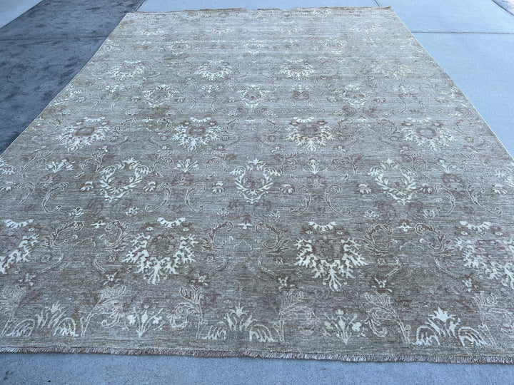 9x11 (275x335) Handmade Afghan Rug | Beige Ivory Brown | Hand Knotted Turkish Oriental Persian Wool Boho