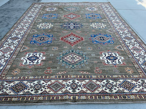 9x12 Muted Neutral Hand-Knotted Afghan Rug | Sage Green Grey Ivory Blue Red  | Oushak Turkish Persian Heriz Wool Handmade Tribal Serapi