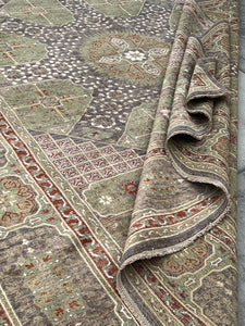 9x12 (270x365) Handmade Afghan Rug | Charcoal Grey Moss Green Brick Rust Red Ivory | Bokhara Turkmen Turkoman Ersari Oriental Turkish Wool